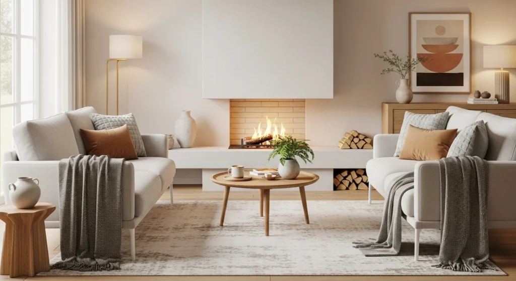 Scandinavian living room with minimalist fireplace and warm cozy styling