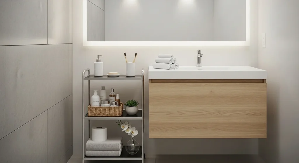 woven baskets organizing bathroom essentials in a cozy aesthetic bathroom