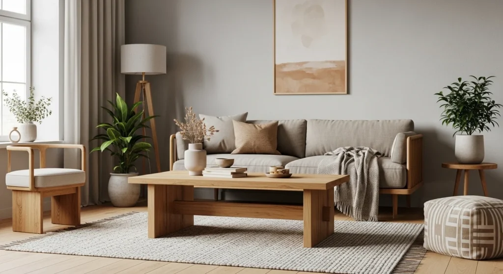 Warm modern living room with natural wood furniture and neutral tones, showcasing 2026 Scandinavian design trends