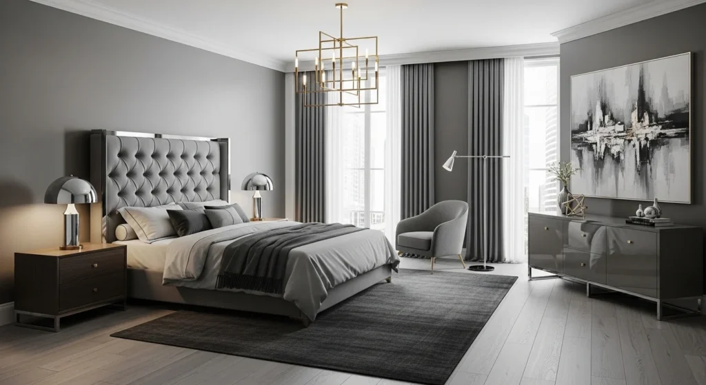 Grey bedroom with brass and chrome accents, elegant modern interior, 2026 style