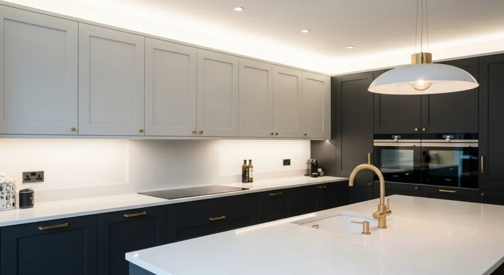 Modern kitchen with light upper and dark lower cabinets, sleek countertops, and brass hardware in stylish 2026 design