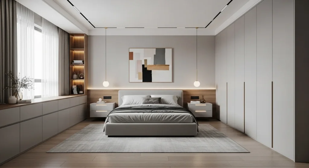 Modern master bedroom featuring built-in wardrobes and seamless cabinetry for clutter-free design