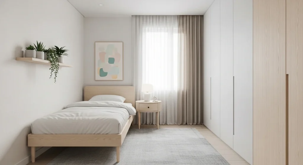 Small minimalist bedroom with compact furniture, light colors, and an uncluttered layout