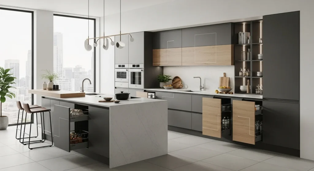 Contemporary kitchen with pull-out pantry and concealed storage design