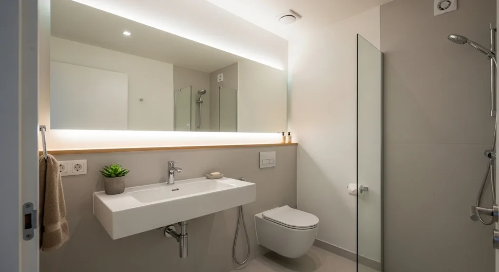 small bathroom layout with space-saving fixtures and light neutral colors