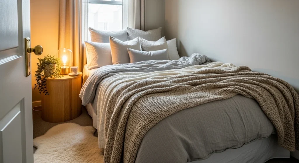 small bedroom styled with layered bedding and soft textiles creating warm cozy atmosphere