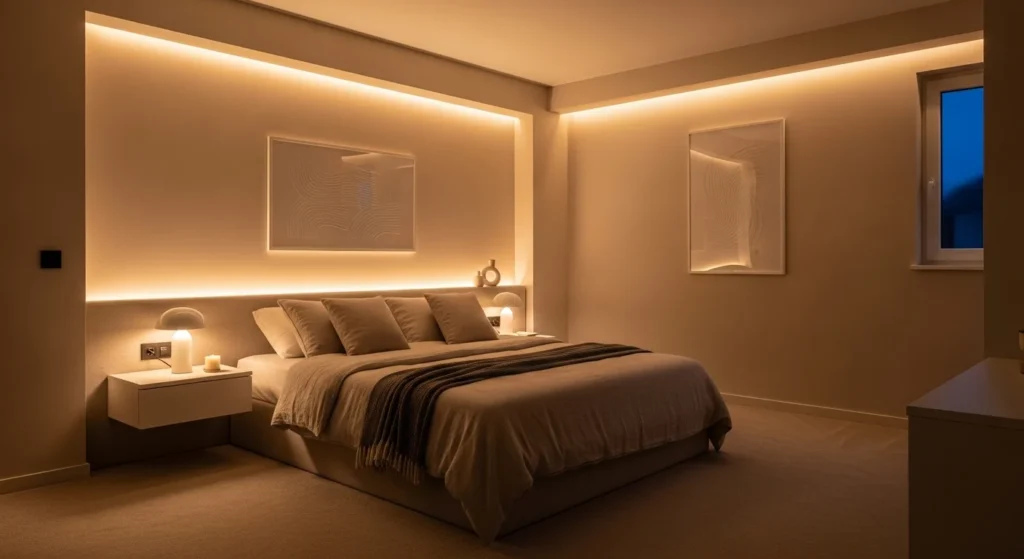 Cozy neutral bedroom enhanced with soft ambient lighting creating a relaxing atmosphere.