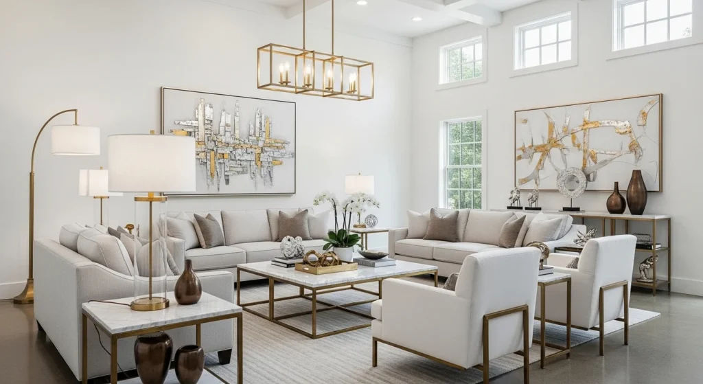 Contemporary white living room enhanced with brass and metallic decorative elements
