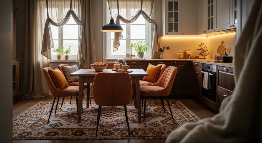 Warm cozy kitchen styled with rugs, cushions, and layered fabric textures