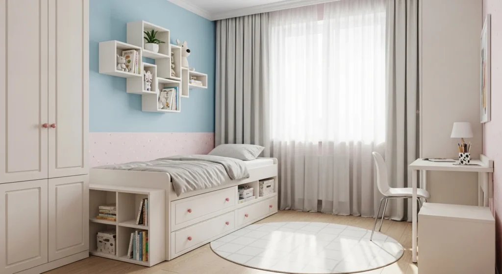 compact girls bedroom with smart storage furniture and light modern colors