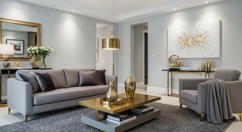 Gray living room styled with gold and brass metallic décor elements.