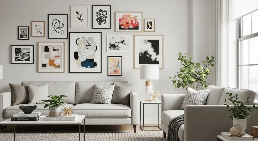 Stylish apartment living room with gallery wall artwork creating visual interest