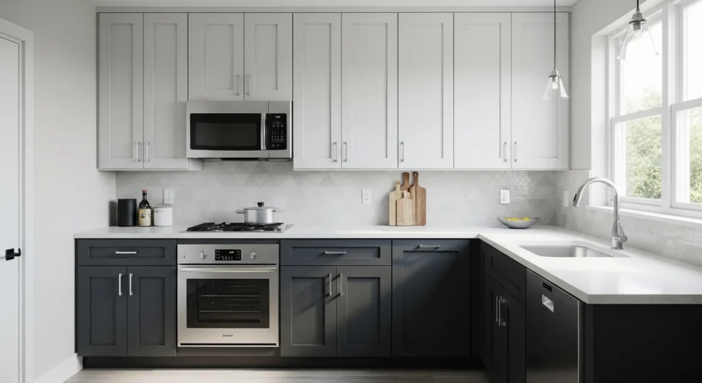 Modern small kitchen with light upper cabinets and darker lower cabinets for balance