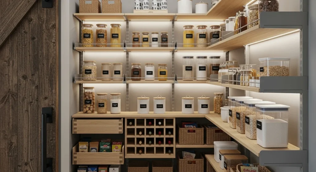 Small pantry with adjustable shelves allowing flexible storage options