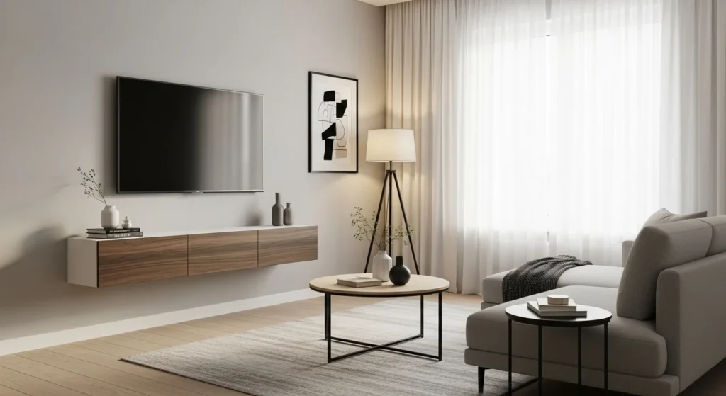 Compact living room featuring a wall-mounted floating TV console for a modern clean look