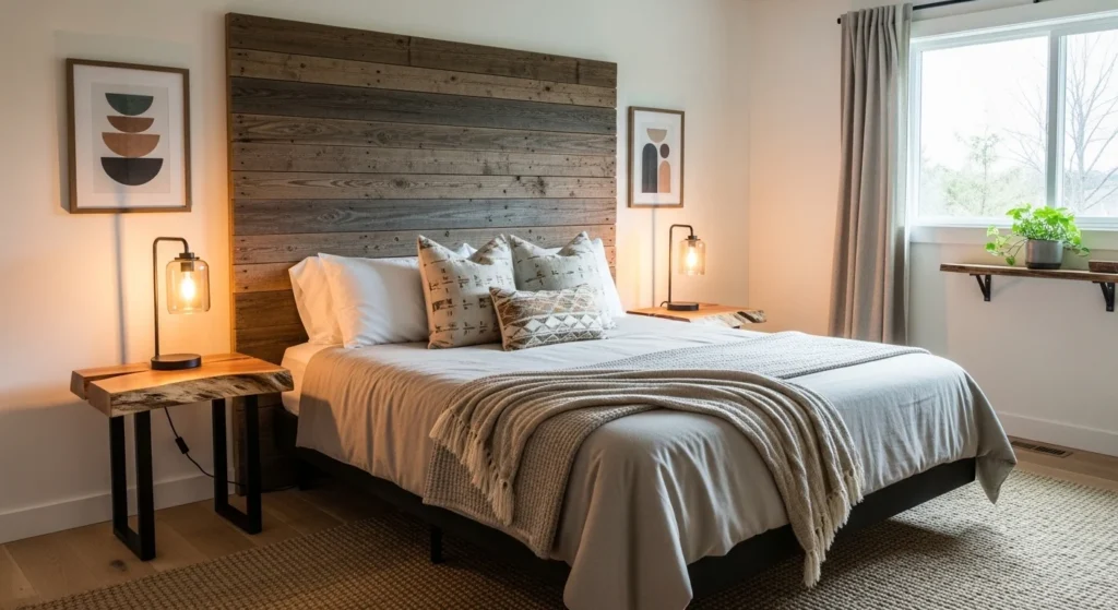 Guest bedroom combining rustic wooden textures with modern styling