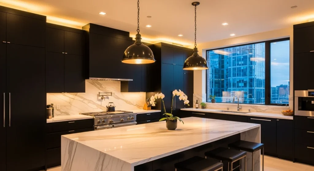 Luxury dark kitchen with black cabinets, warm lighting, and modern elegant design.