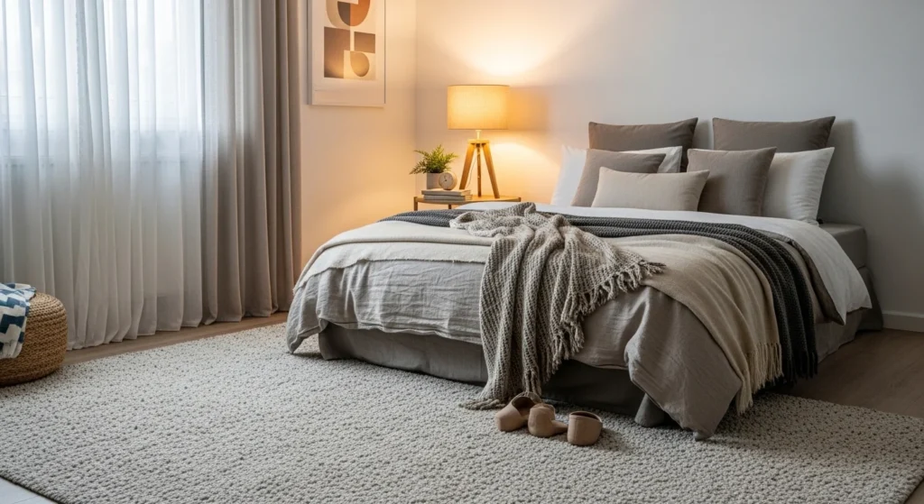 Bedroom featuring plush neutral rug adding warmth and comfort to modern cozy interior