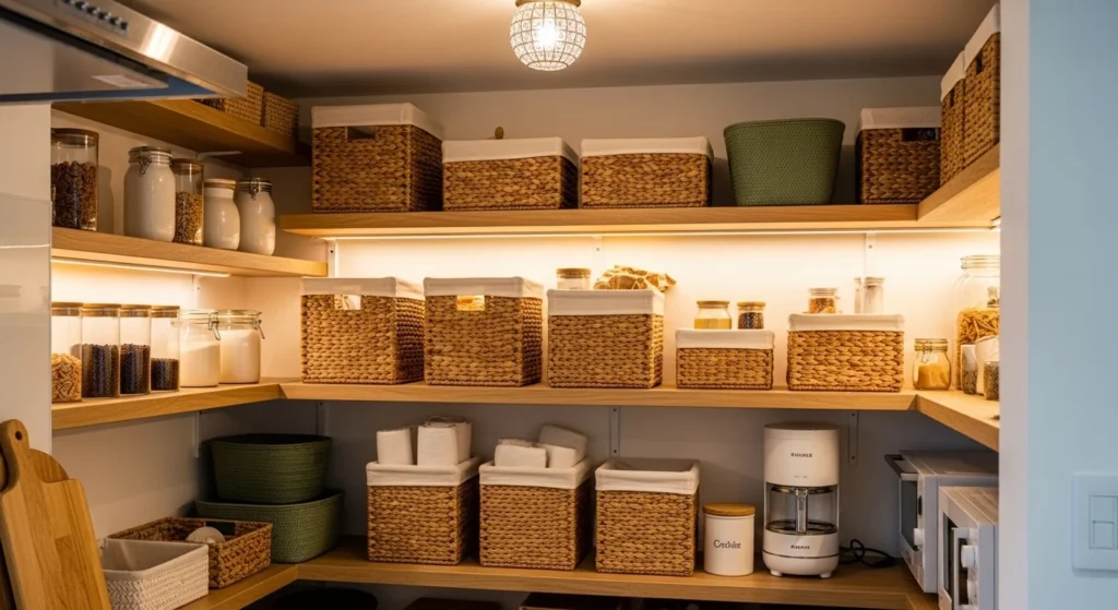 Small pantry shelves using woven baskets for cozy organized storage