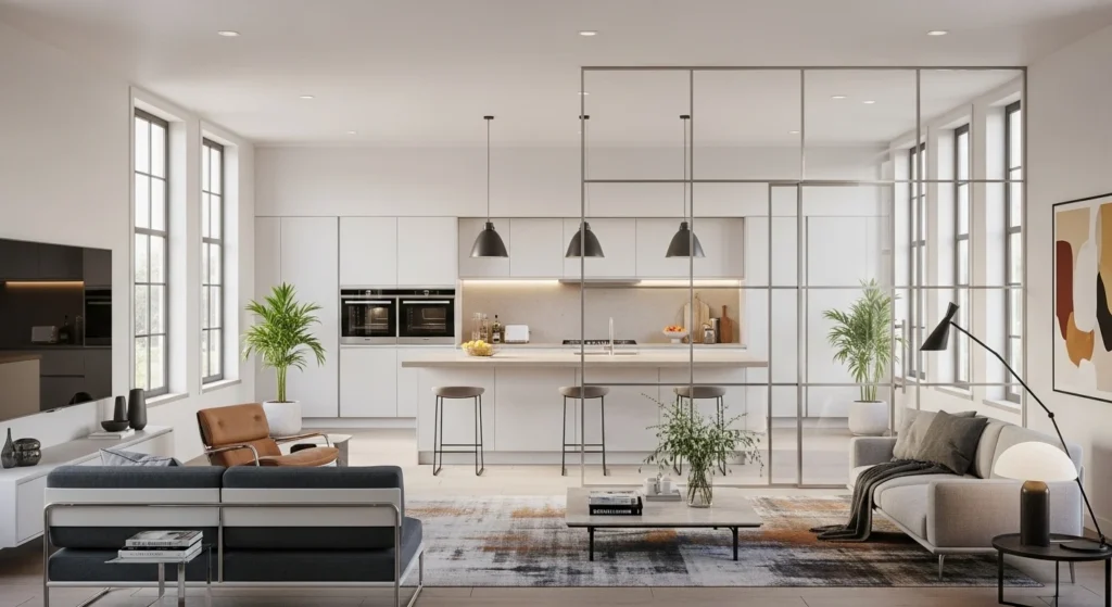 Modern open kitchen living room separated subtly with a glass partition wall
