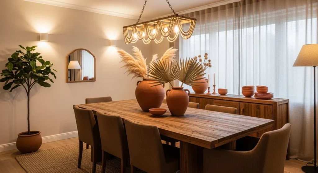 Dining room styled with warm earthy colors creating a cozy modern atmosphere