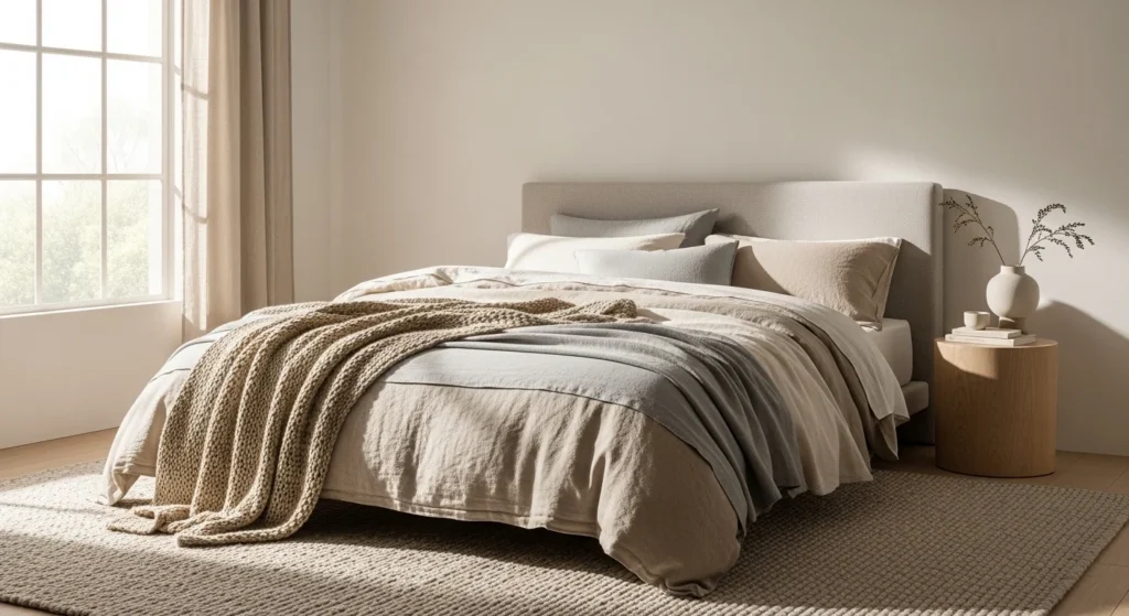 Minimalist bedroom styled with linen bedding and soft layered textiles for comfort