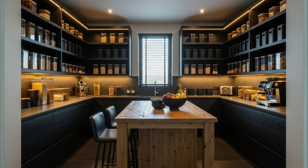 luxury walk-in pantry with black shelving and warm ambient lighting