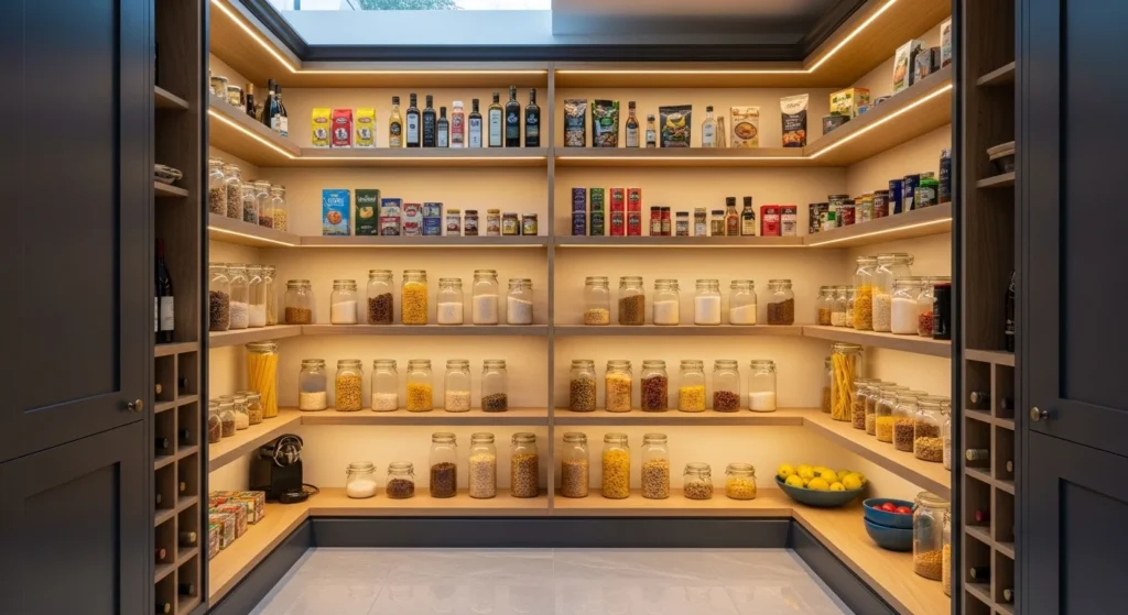 Modern pantry enhanced with warm LED lighting highlighting organized shelves.