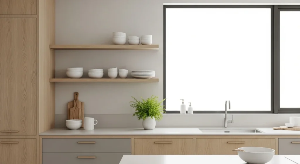 Minimalist oak kitchen with handle-less cabinets, open shelving, bright modern 2026 interior