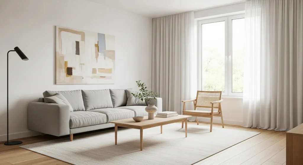 Minimal apartment living room with clean lines, neutral colors, and an uncluttered layout