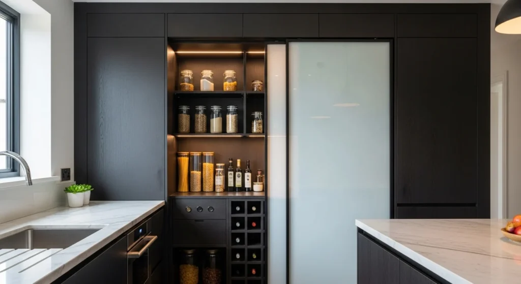 Walk-in pantry with a sliding door designed for space-saving kitchen layouts