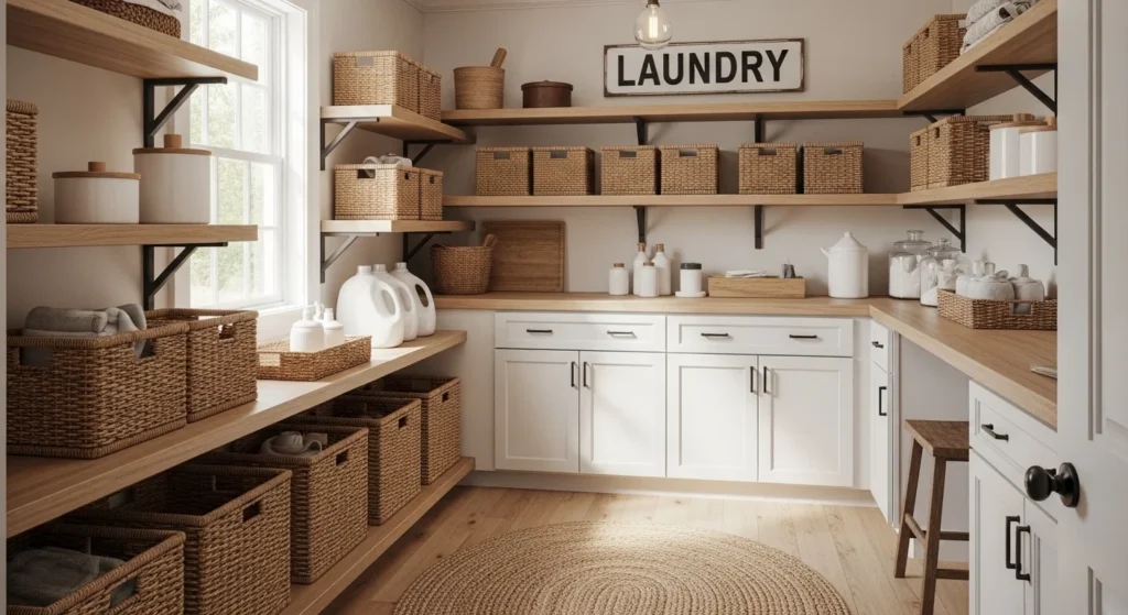 Cozy farmhouse laundry room pantry with wood shelves and baskets
