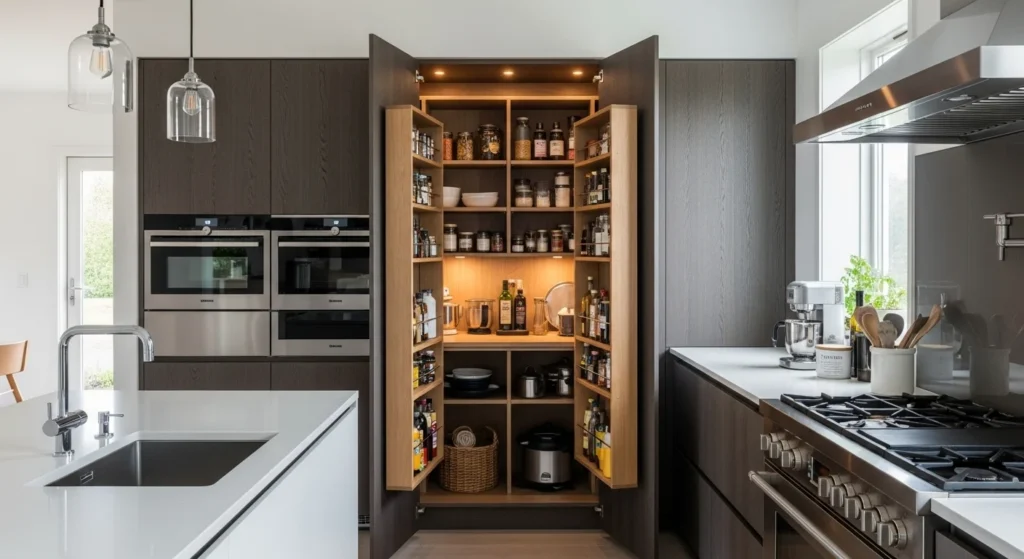 Pantry storage hidden inside kitchen cabinets for a clean and seamless look