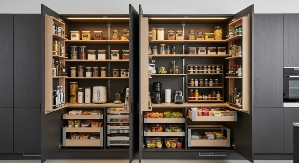 Kitchen food pantry hidden inside cabinets for a seamless and clutter-free kitchen design
