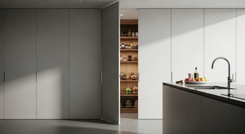 Kitchen pantry hidden behind matching wall panels for a seamless interior design
