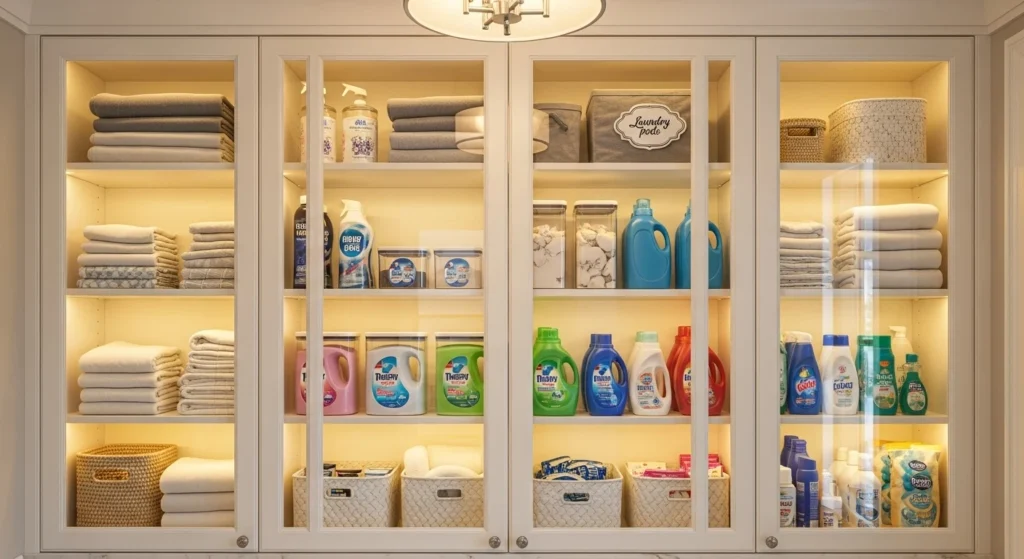 Laundry room pantry with glass cabinet doors showing neatly organized shelves