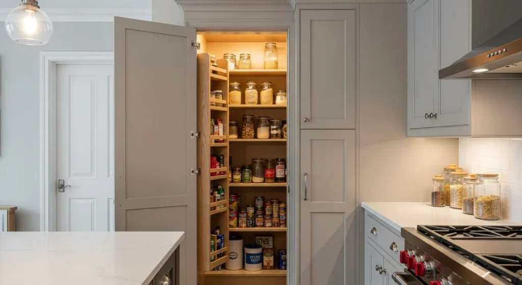 Food storage pantry hidden behind kitchen cabinets for a clean and seamless look