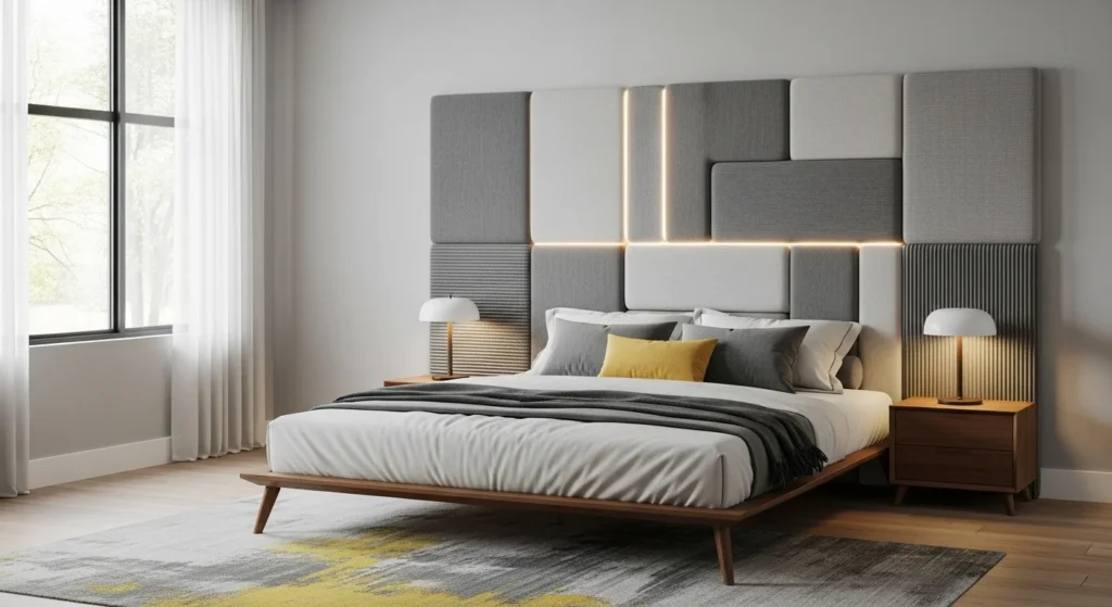 Modular bed system with customizable headboard and frame in a contemporary bedroom