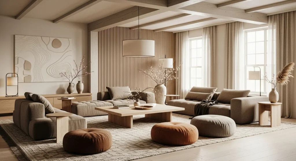 Japandi-style parlor with low seating, natural wood, and a serene atmosphere