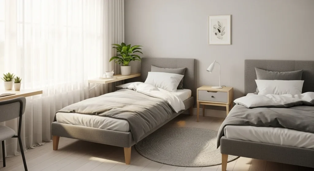 Small bedroom designed in light grey tones to create an open and modern feel