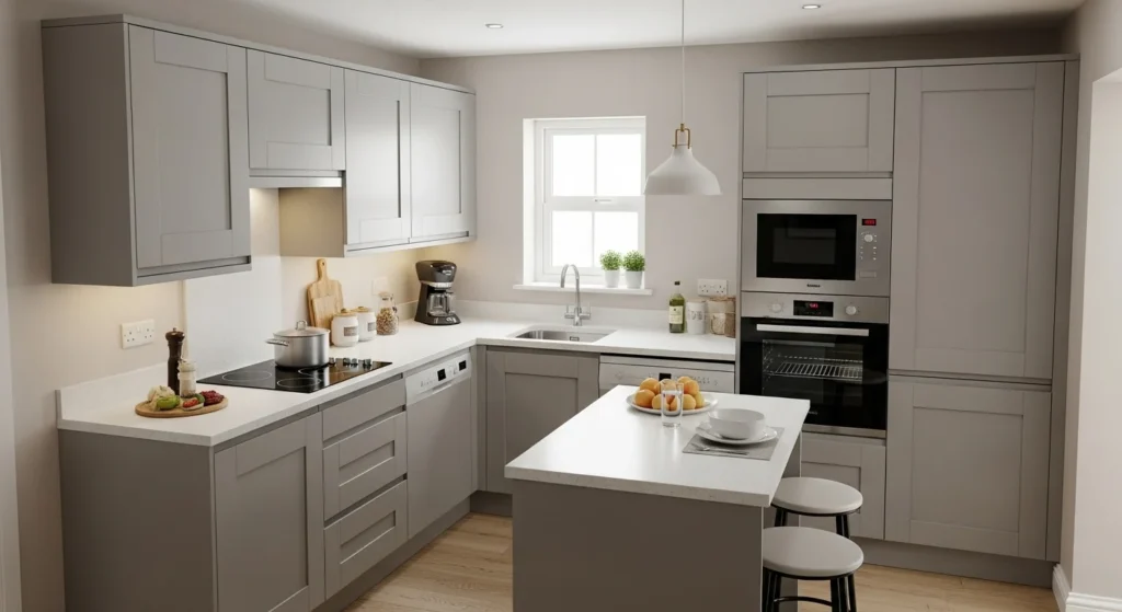 Small kitchen with a narrow island providing extra workspace without blocking movement