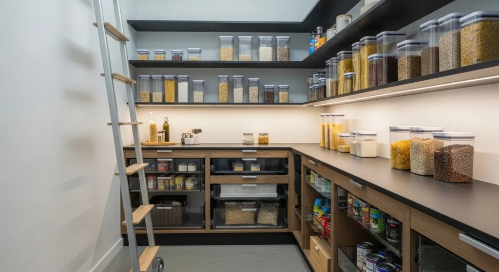 Narrow walk-in pantry with natural wood shelves adding warmth and modern style