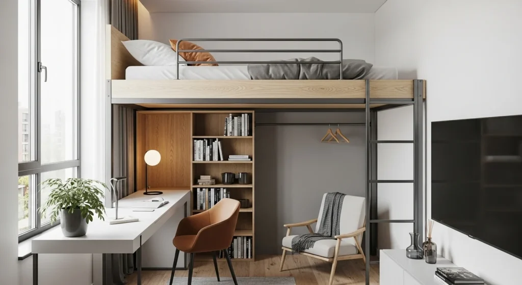 Compact loft bed in a small apartment, space-saving and functional modern 2026 bedroom