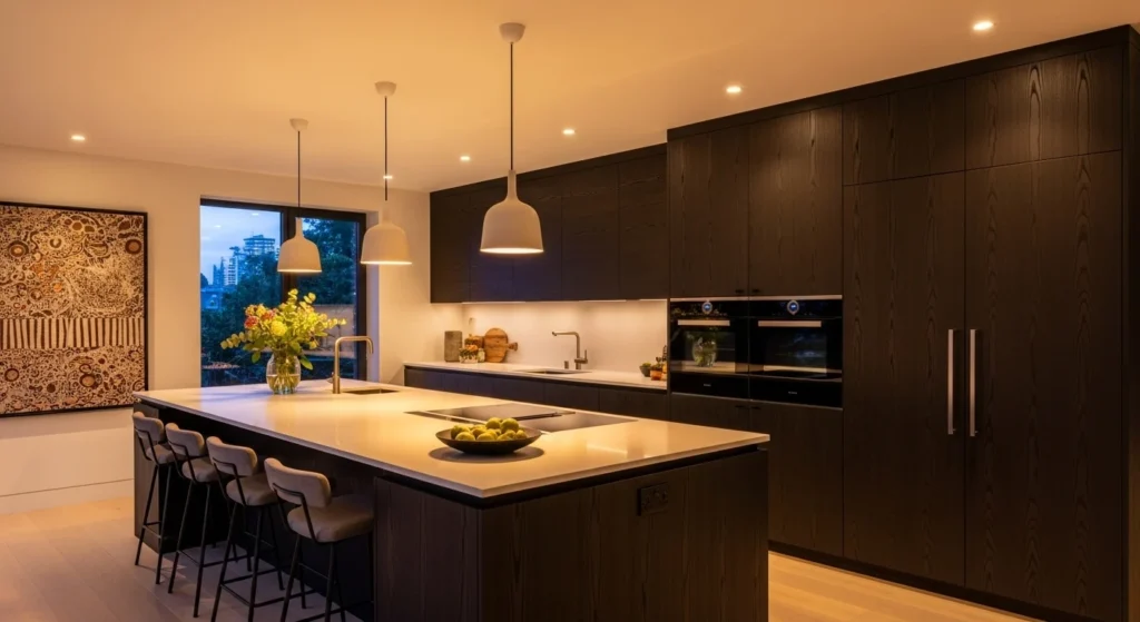 Dark-stained wooden kitchen with warm lighting, modern 2026 interior