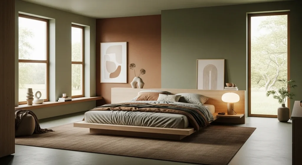 Low-profile wooden platform bed, minimalist bedding, spacious modern 2026 bedroom