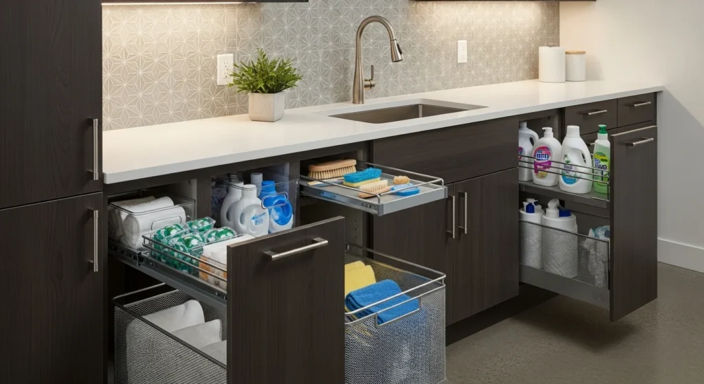 Laundry room under-sink storage with pull-out organizers, efficient 2026 design