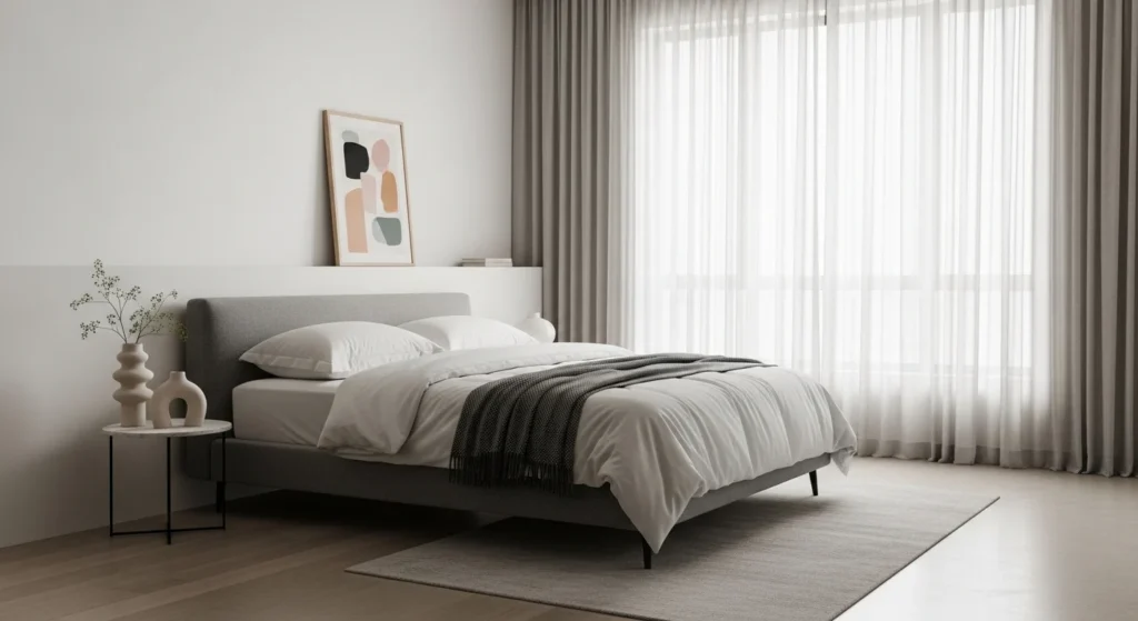 Alt Text: Modern bedroom layout with low-profile furniture and minimalist design elements