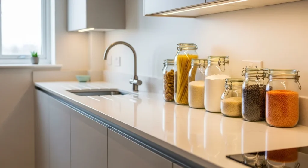 Kitchen counter styled with clear glass jars filled with pantry staples