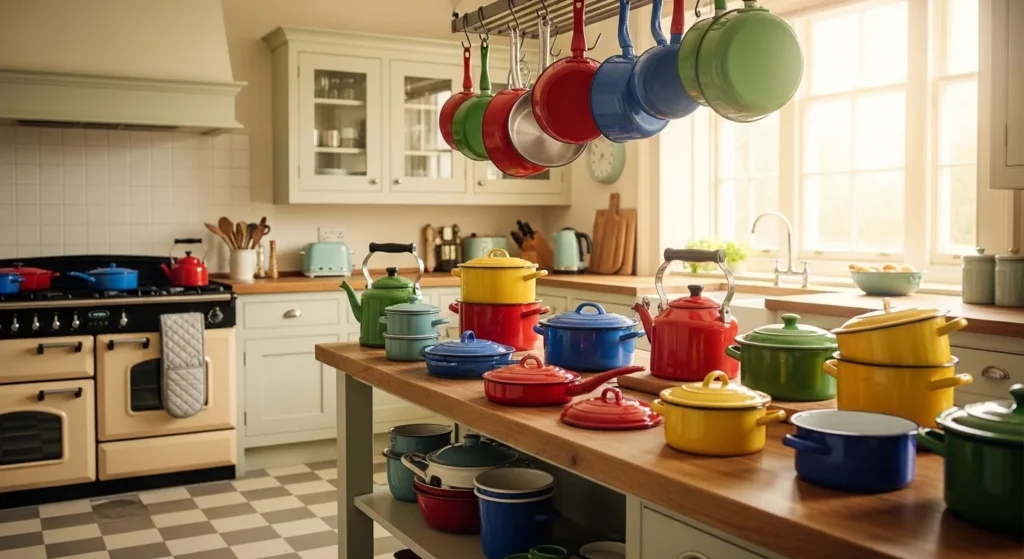 Vintage kitchen decor featuring enamel cookware