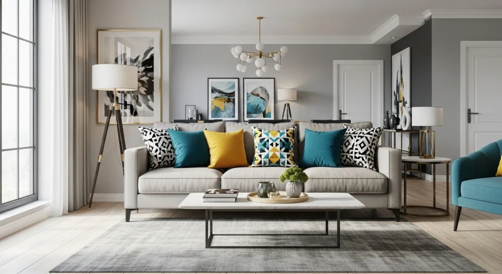 Neutral Sofa with Bold Cushions